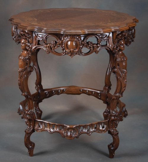 Antique French, highly carved Lamp Table, circa 1920s, 29" inlaid scalloped top, pierce carved skirt