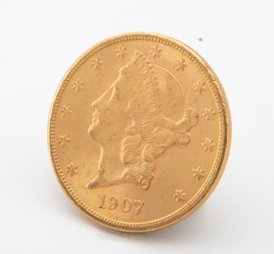 Double Eagle $20 Gold Coin, dated 1907, "S" mint, very good condition.  LEO BRADSHAW COLLECTION.