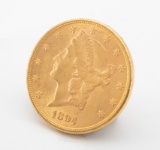 Double Eagle $20 Gold Coin, dated 1894, very good condition.  LEO BRADSHAW COLLECTION.