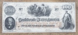 Confederate $100 Bill, dated 1862, with stamp on back 