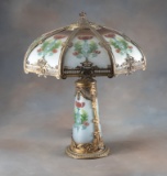 Antique reverse painted Table Lamp, circa 1925, with curved, reeded glass panels, attributed to Pitt