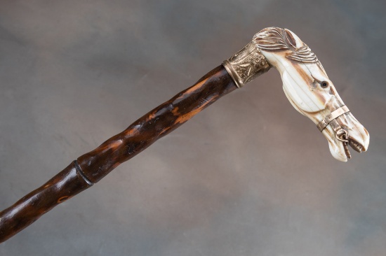 Vintage, Ivory Horsehead Walking Cane with gold bridle and gold engraved spacer, measures 34 1 ,4" l