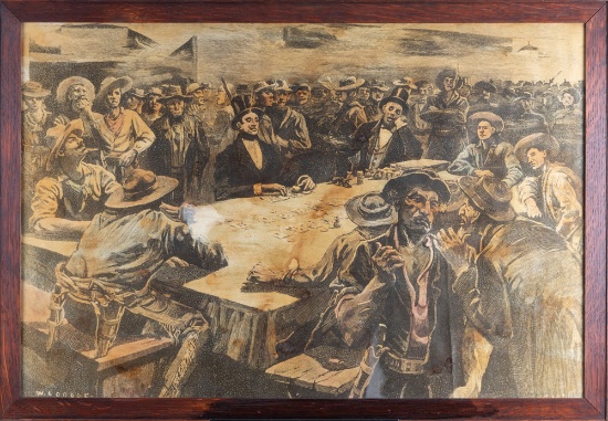 Large, antique tinted Lithograph by early artist W.L. Dodge, depicting large group of gamblers in ga