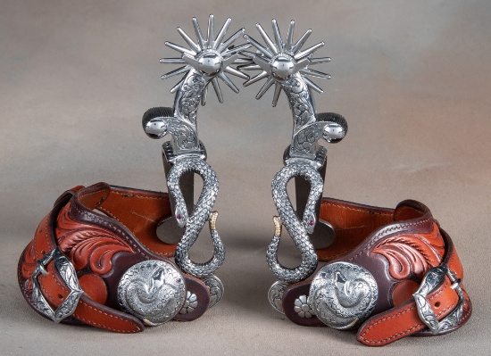 Incredible pair of full engraved Spurs by noted Arizona Bit and Spur Maker Bill Heisman, marked "Bil