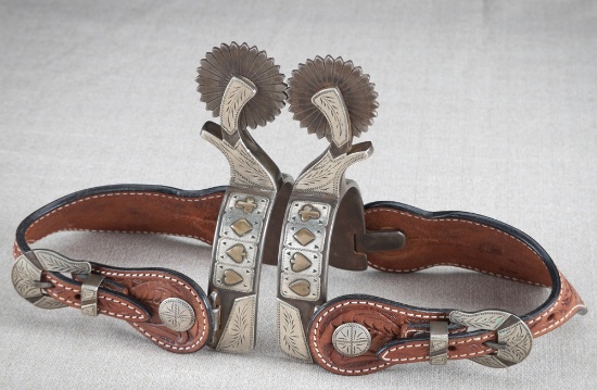 Outstanding pair of double mounted Spurs by noted Texas Bit and Spur Maker Kevin Burns, done in the