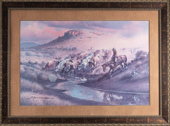 Large hand signed Print by San Antonio, Texas artist Donald M. Yena, dated 1974, titled "Trail Dust