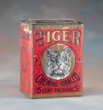 Original paper wrapped Tin Store Can that held 4 dozen Tiger 5 cent bags of Chewing Tobacco, circa 1