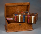 Unique Coffin Style, quarter sawn oak, portable Chip Case.  Cased set of multi-color Poker Chips wit