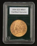 An American  ,20.00 Gold Coin, dated 1894, Certified MS61.  KING COLLECTION.