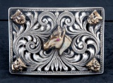 Fancy silver Buckle with gold horse head center, with letter that states it once belonged to Gene Au