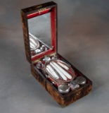 Rare and historical Traveling Dressing Kit in burl walnut, hinged lid Box with brass trim and silver