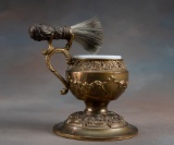 Very unique antique pedestal Shaving Mug with matching brush, heavily embossed spelter with brass fi