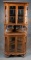 Antique American oak, beveled glass, two piece Corner Cabinet with carved corners, spiral columns su