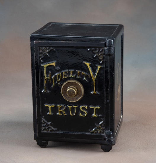 Miniature cast iron Combination Safe, marked "FIDELITY TRUST", possibly a Salesmans Sample, 6" squar