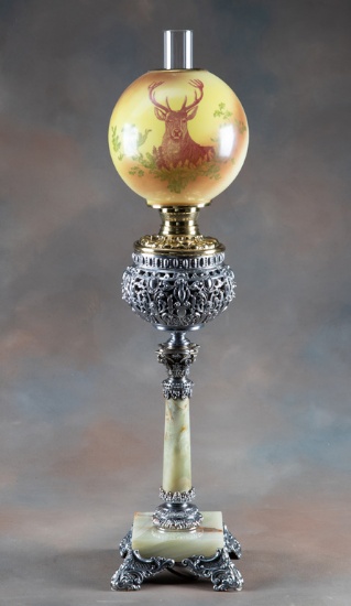 Beautiful antique Victorian Parlor Lamp, circa 1880s-1890s, 34" tall with polished onyx column x 6"