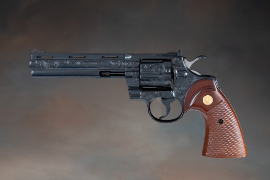 Cased, Factory engraved Colt, Python Model, Revolver, .357 MAGNUM caliber, SN 59583E, 6" barrel, Col