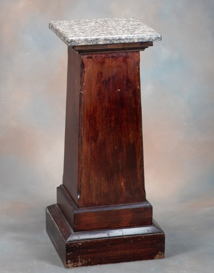 Antique Pedestal with square column, measures 34 1/2" tall with 14" polished granite top.  Pedestal