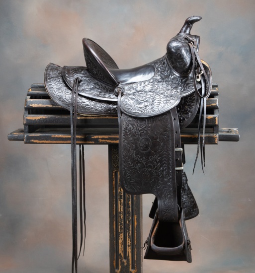 Beautiful vintage high back Saddle marked "D. E. Walker, Maker, Visalia, Cal.", Stock Number 31816,