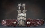 Pair of Pat Ray Castleberry, hand engraved, silver mounted, double mounted Spurs with engraved chevr