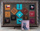 ATTENTION TYLER BEARD COLLECTORS:  Large framed collection of Boot Makers Leather Samples.  NOTE: Ty