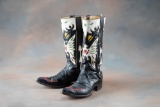 Pair of used, tall top Western boots with inlaid eagle tops and multi-color cut outs, mule ears on s