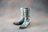 Pair of used Western Boots with inlaid and overlaid toe box, showy, 9