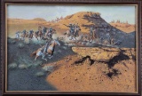 Canvas Transfer of Cavalry and Indian Shoot out, signed and numbered lower right, frame measures 27