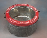 Vintage, round Biscuit Tin with glass display front, advertising 