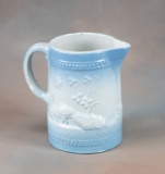 Early salt glaze Milk Pitcher with handle, embossed peacocks, 8