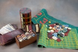 Collection of vintage Gambling Items to include Dice, Poker Chips, Balls for Roulette wheel, one lar