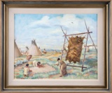 Oil on Board signed lower left Mary Campbell, depicting Indian camp scraping buffalo hides. Art meas