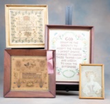 Collection of four framed Cross Stitch Samplers, various sizes.  One is dated 1848 with First Premiu