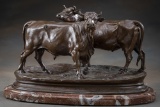 Beautiful Bronze Sculpture of Bull & Cow, signed by artist Jules Moigniez (1835-1894), mounted on po