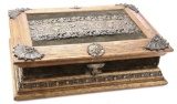 Elaborately embossed brass trim, antique oak, hinged lid, Letter / Stationery Box in original finish