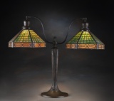 Fine original antique, triple signed Handel Table Lamp, circa 1920s, with original bronze base, uniq