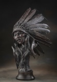 Magnificent Bronze Sculpture of Indian Chief with feather head dress titled 