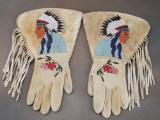 Outstanding pair of large beaded elk hide Wild West Fringed Gauntlets, with 8