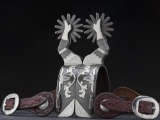 Showy pair of double mounted Gal-Leg Spurs by noted Oklahoma Bit and Spur Maker Jerry Wallace, with 