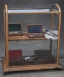 Unique curved glass, antique oak and glass, floor model Display Case, circa early 1900s, 