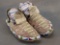 Pair of early, beaded, leather Plains Indian Moccasins, multi-color beads with quilled decoration on
