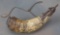 Carved Steer Horn / Powder Horn with eagle and feathers on one side, opposite side 