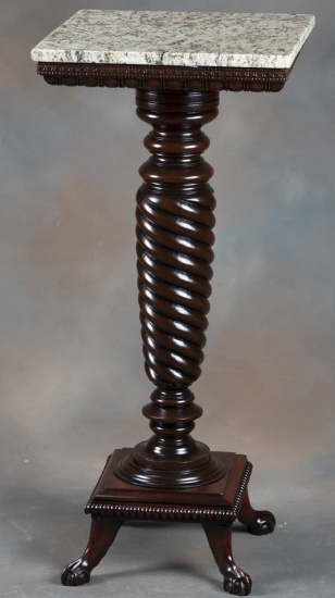 Unique antique, claw foot mahogany Pedestal, circa 1890s-1900, has heavy rope twist column support w