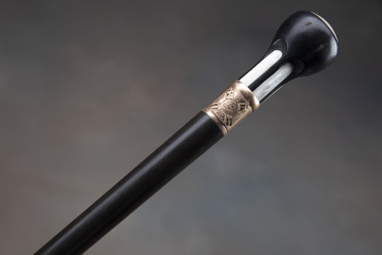 High quality, antique ebony and mother of pearl Walking Stick with heavy gold spacer, 31" long.  Sti
