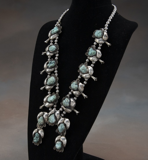 Beautiful silver beaded and turquoise Squash Blossom Necklace, with 10 trumpets with 15 beautiful an