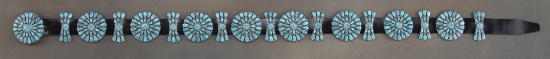 Fine multi-stone Concho Belt with 18 polished stone conchos, the round conchos have 31 turquoise sto