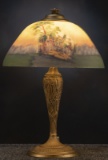 Antique, reverse painted Table Lamp, attributed to Moe Bridges Lamp Company, circa 1920-1925.  Lamp 