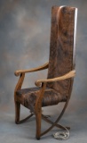 Antique oak Lodge Chair, designed to let back down by pulling rope so that person in the chair is fl