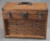 Antique oak multi-drawer Mechanics Tool Box, circa 1920s, with folding wooden front that conceals si