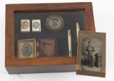 Framed group of Images to include a Navy Tar in gutta percha Case; A round case with Image of George