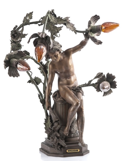 French Figural Lamp, circa 1920s, marked "EROS", 25" T x 17" across vines at widest point, original